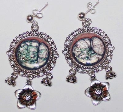 Boucles d'oreilles Moony, vintage, rose antique/marina, breloques fleurs